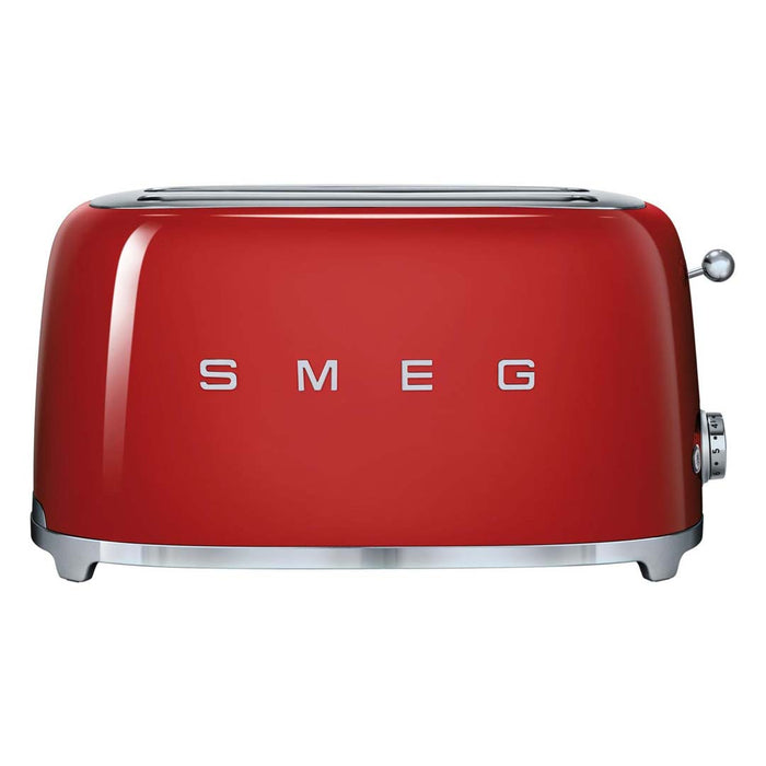 Side view of red 4 slice Smeg 50s retro style electric toaster displayed on a white background