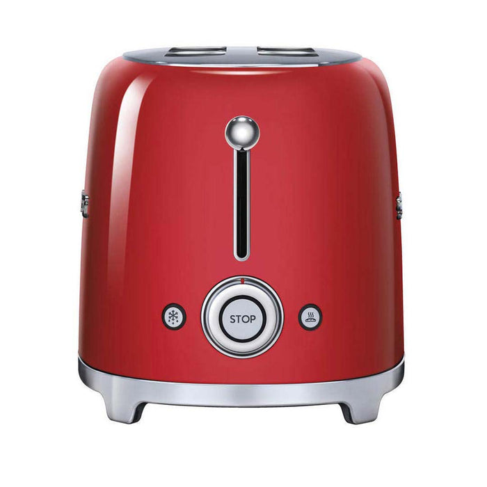 Front view of red 4 slice Smeg 50s retro style electric toaster with control dial displayed on a white background
