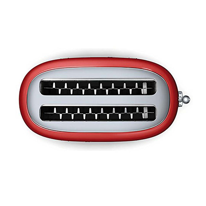 Top view of red 4 slice Smeg 50s retro style electric toaster displayed on a white background