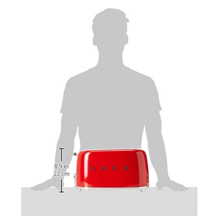 Grayed out figure standing behind red 4 x 4 Smeg 50s retro line toaster with dimensions displayed on a white background
