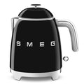 Front view of black Smeg 50s retro style electric mini kettle displayed on a white background