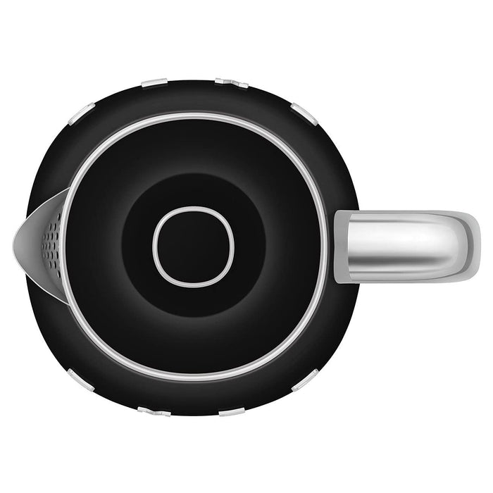Top view of black Smeg 50s retro style mini kettle displayed on a white background