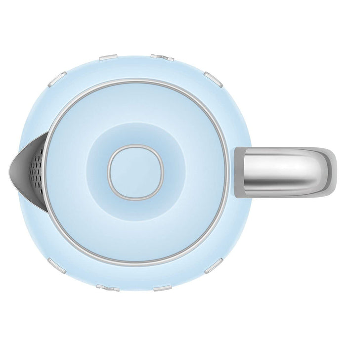 Top view of light blue Smeg electric kettle with metallic handle on a white background