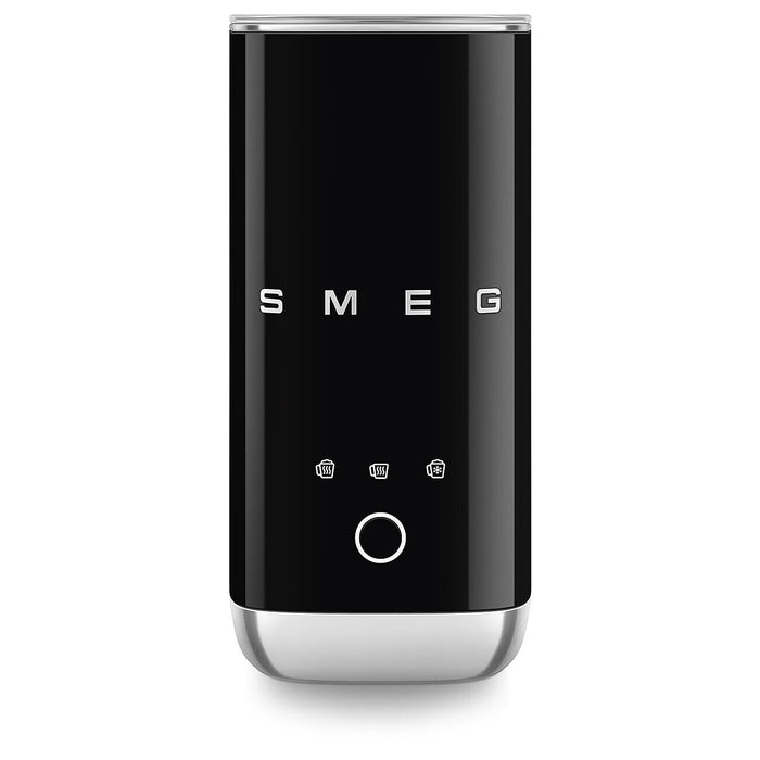Front view of black SMEG milk frother displayed on a white background