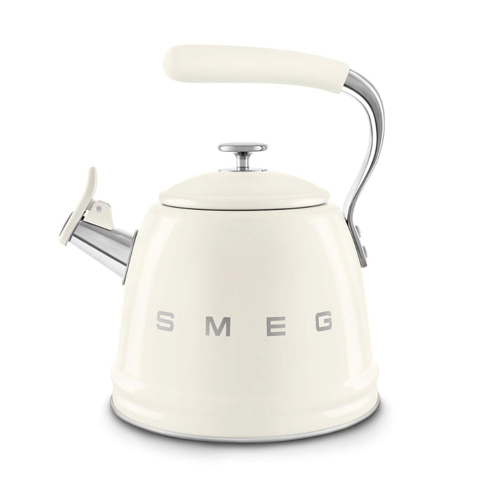 Cream SMEG retro style stovetop whistling kettle on a white background