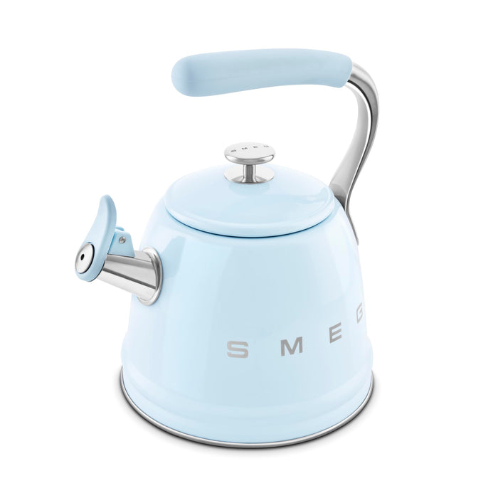 Light blue stovetop kettle with silver accents on a white background