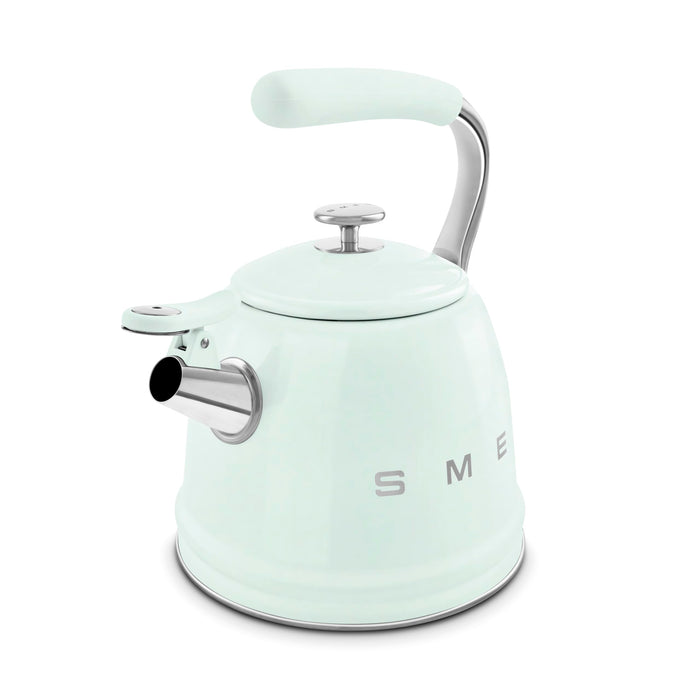 Mint green stovetop kettle with silver features on a white background