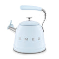 Front view of pastel blue Smeg 50s retro style stovetop whistling kettle displayed on a white background
