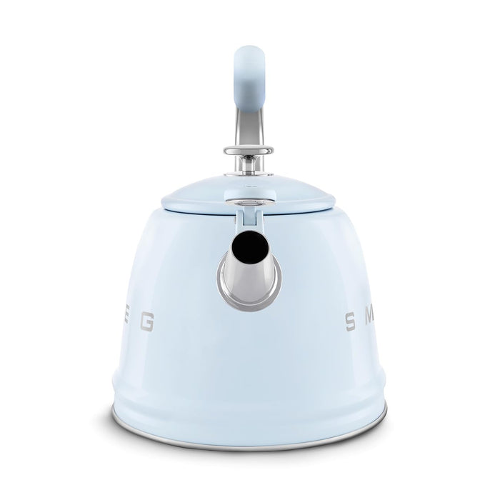 Side view of pastel blue Smeg 50s retro style stovetop whistling kettle displayed on a white background
