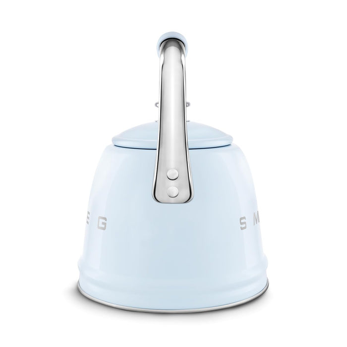 Back view of pastel blue Smeg 50s retro style stovetop whistling kettle displayed on a white background