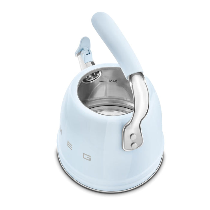 Pastel blue Smeg 50s retro style stovetop whistling kettle with lid removed displayed on a white background