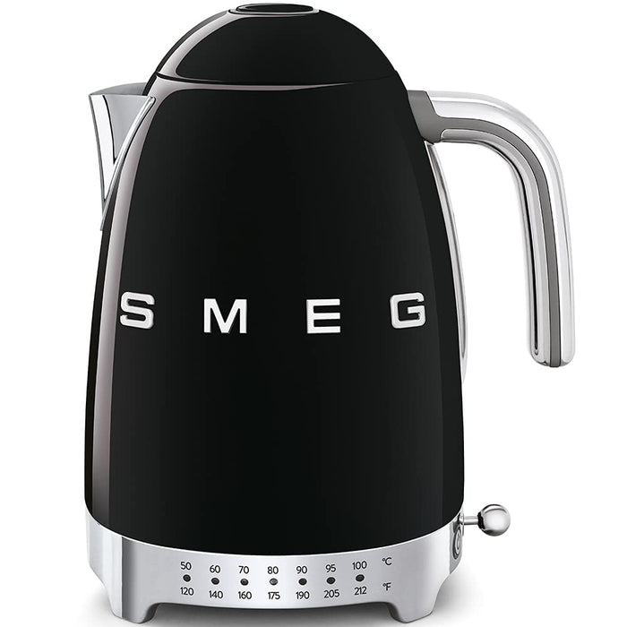 Front view of black Smeg 50s retro electric kettle displayed on a white background