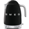 Front view of black Smeg 50s retro electric kettle displayed on a white background