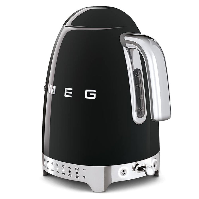 Black Smeg 50s retro electric kettle displayed on a white background