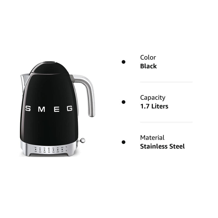 Black Smeg kettle with description information on a white background