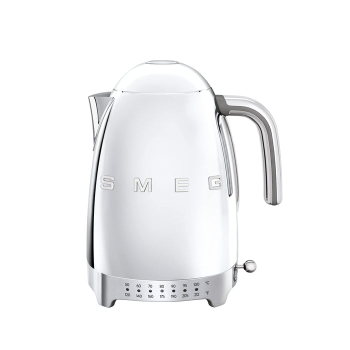 Front view of silver Smeg kettle on a white background
