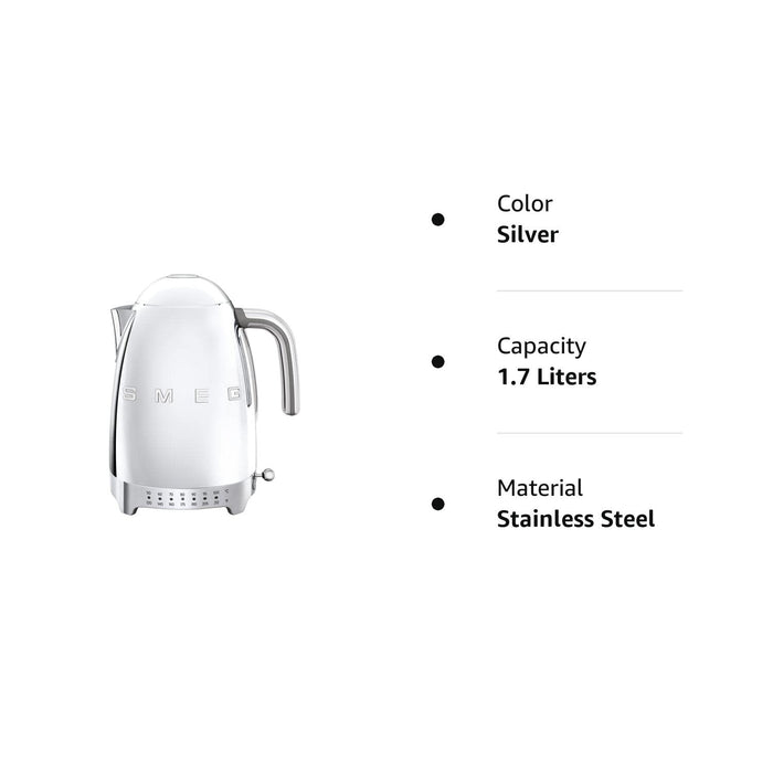 Silver kettle with description about color, capacity, and material on a white background