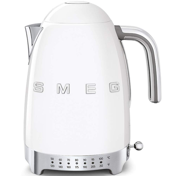 Front view of white electric kettle with 'SMEG' branding on a white background