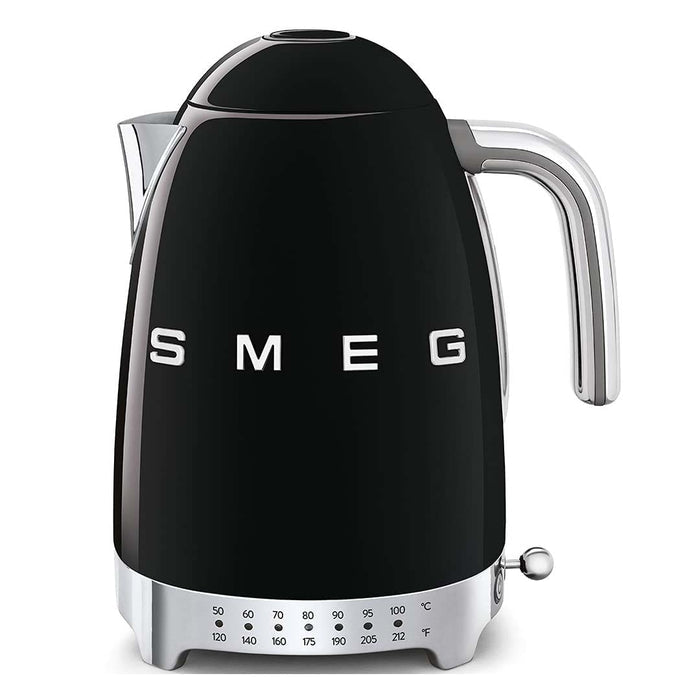 Front view of black Smeg 50s retro variable temperature kettle displayed on a white background