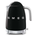Front view of black Smeg 50s retro variable temperature kettle displayed on a white background
