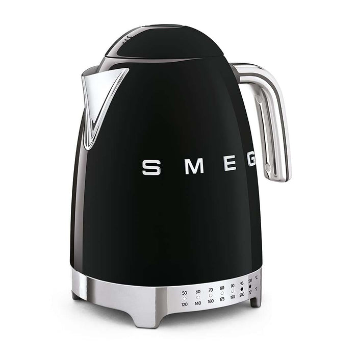 Black Smeg 50s retro variable temperature kettle displayed on a white background