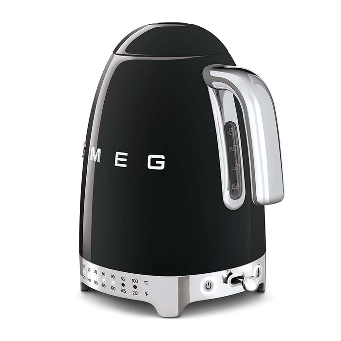 Black Smeg 50s retro variable temperature kettle with power switch and liquid measurements displayed on a white background