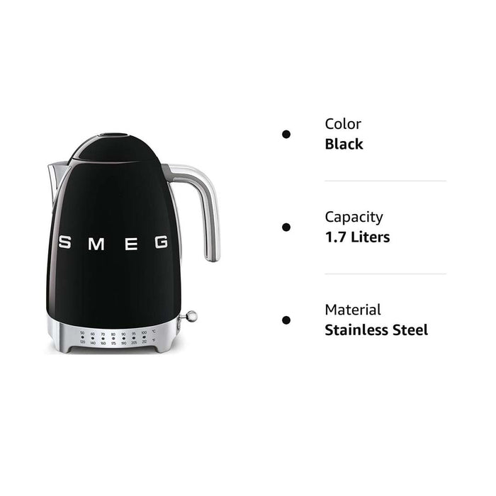 Black Smeg 50s retro variable temperature kettle with description information displayed on a white background