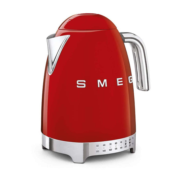 Red Smeg 50s retro variable temperature kettle displayed on a white background