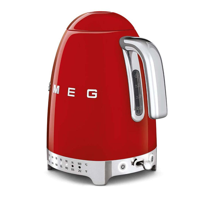 Red Smeg 50s retro variable temperature kettle with power switch and liquid measurements displayed on a white background