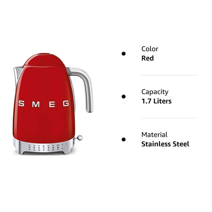 Red Smeg 50s retro variable temperature kettle with description information on a white background