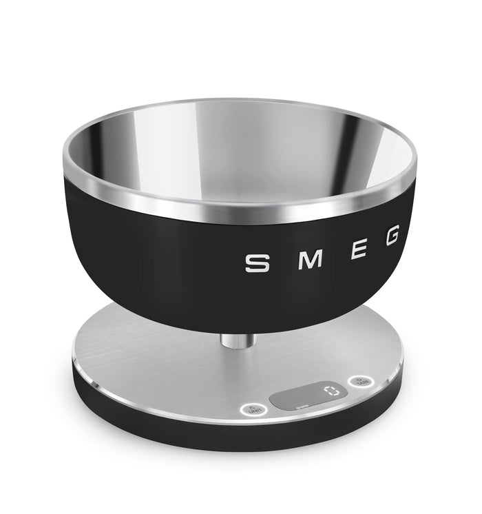 Matte black Smeg contemporary kitchen scale on a white background