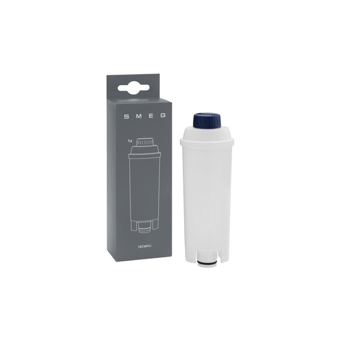A Smeg water softening filter, white and plastic, alongside its packaging box which is grey with a line drawing of the filter.