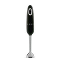 Black handheld blender with silver base on a white background