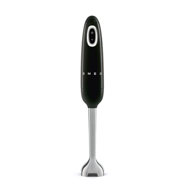 Black handheld blender with silver base on a white background