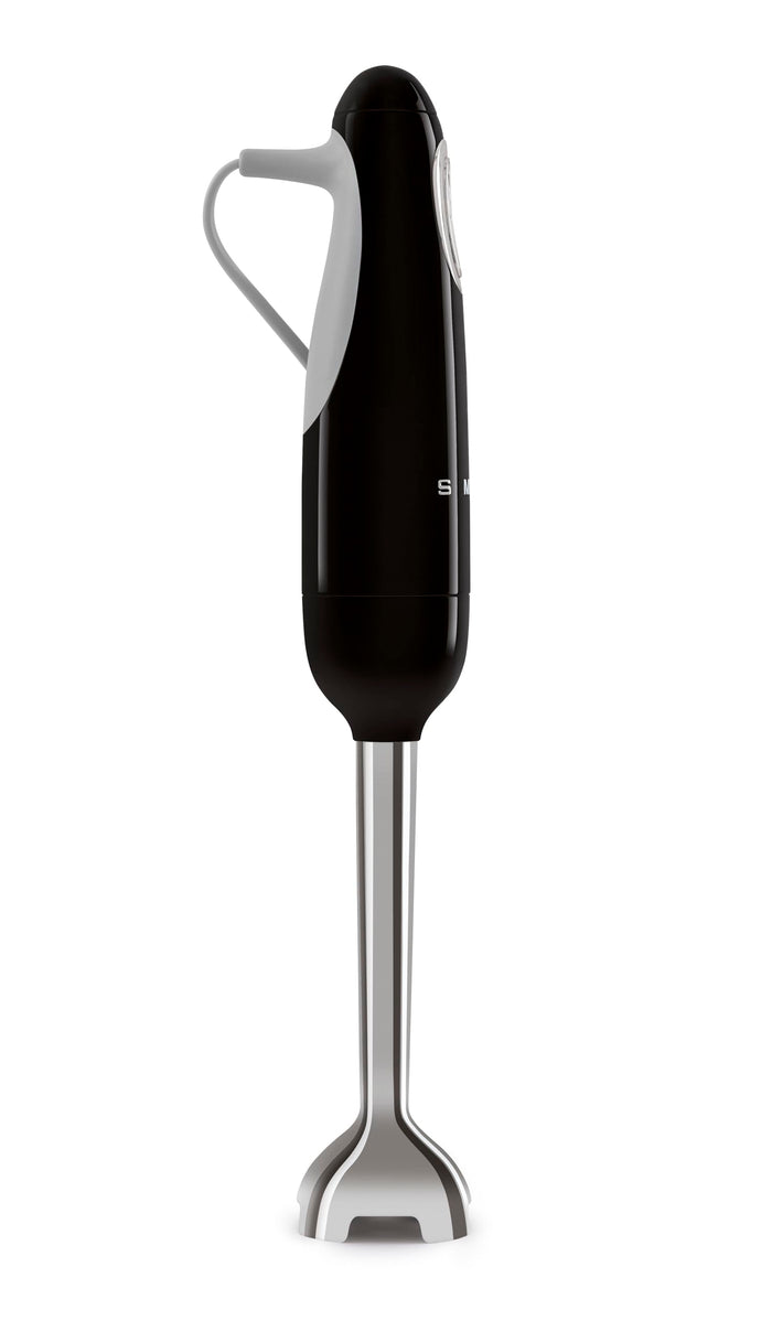 Black handheld blender on a white background