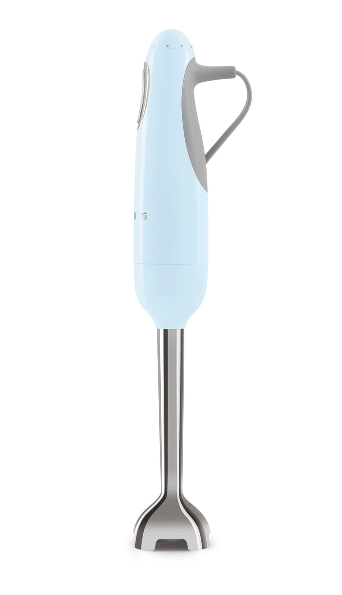 Hand blender with a pastel blue handle on a white background