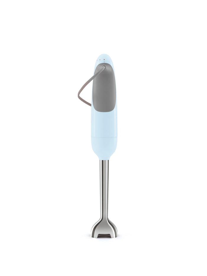 Back view of pastel blue Smeg immersion blender displayed on a white background