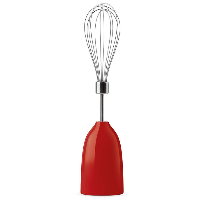 Red whisk with a silver handle on a white background
