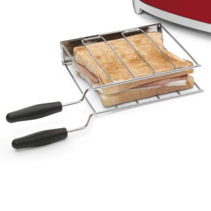 Close up of a sandwich inside Smeg sandwich rack displayed on a white background