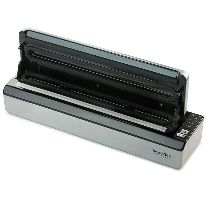 SousVide Supreme Sous Vide SousVide Supreme Vacuum Sealer VS3000 w/ 12 Cooking Pouches opened displayed on a white background