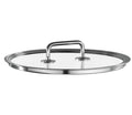 A round clear glass lid with a polished stainless steel rim and a matching metal handle, shown on a plain white background.