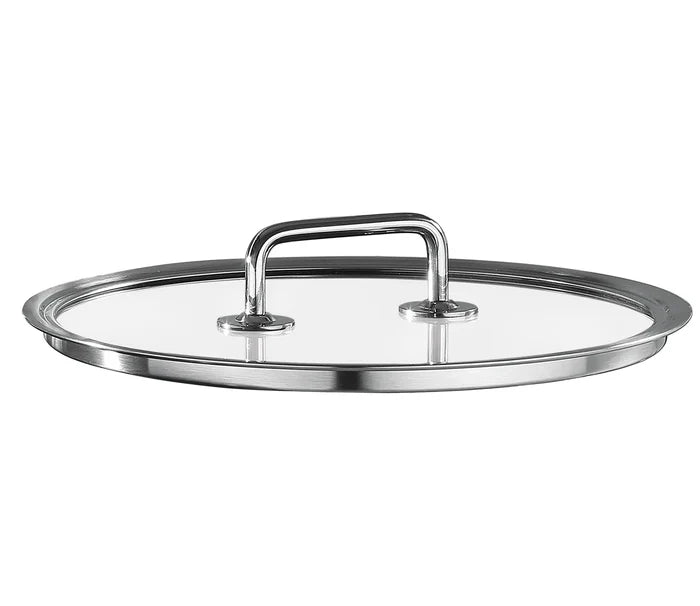 A round clear glass lid with a polished stainless steel rim and a matching metal handle, shown on a plain white background.