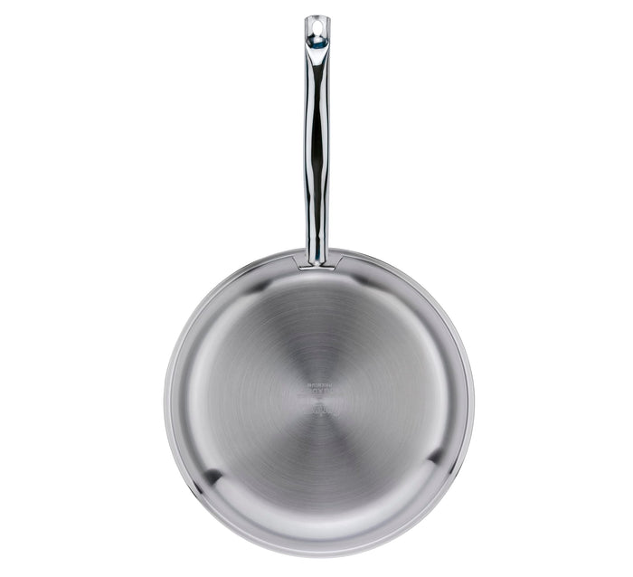 Stainless steel frying pan on a white background