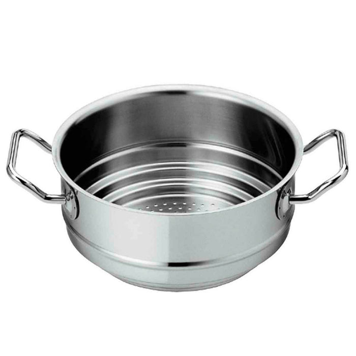 Stainless steel steamer pot with handles on a white background
