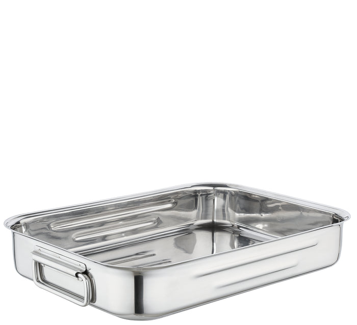 Stainless steel roasting pan on a white background