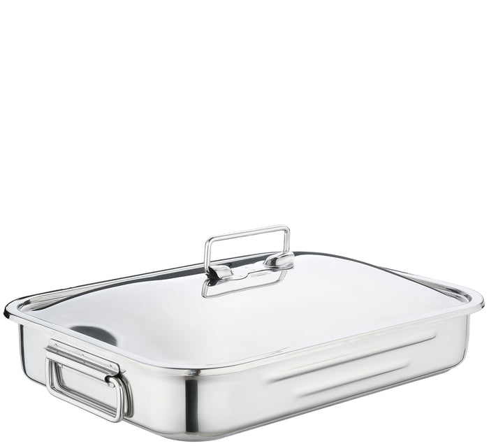 Stainless steel roasting pan with a lid on a white background