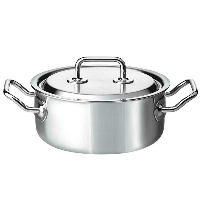 Stainless steel casserole with lid on a white background