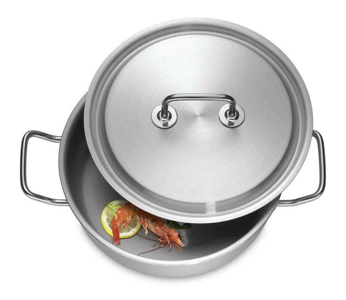 Stainless steel casserole with lid with food inside on a white background