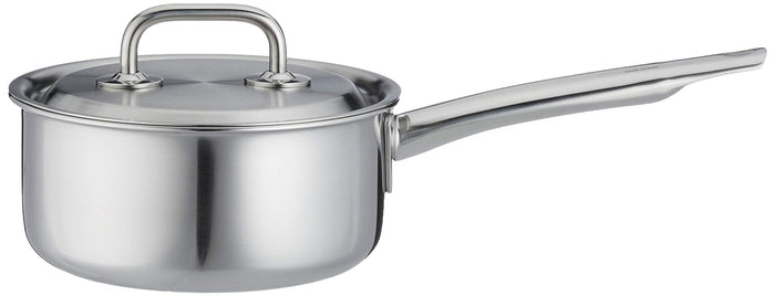 Stainless steel saucepan with lid on a white background