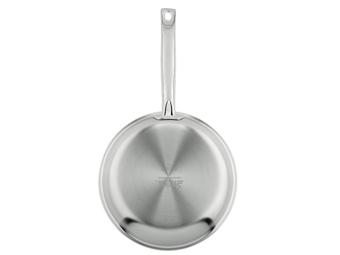 Stainless steel frying pan on a white background